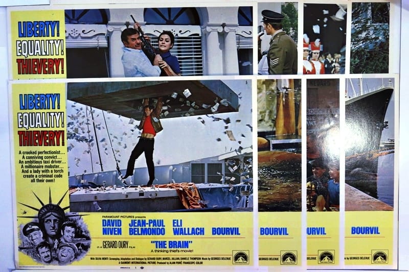ORIGINAL LOBBY CARDS - THE BRAIN - 1969 - set of 8 - David Niven, Jean-Paul  Belmondo, Eli Wallach - X Marks The Shop